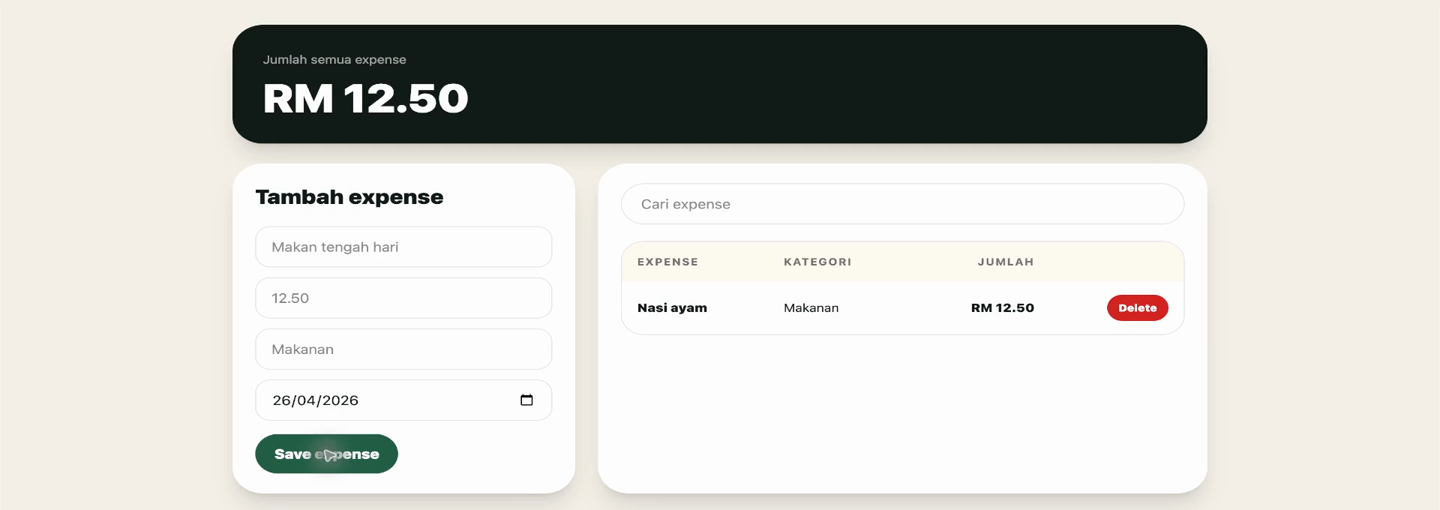 Preview project latihan Expense Tracker dari rakaman Laravel Livewire